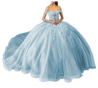 Sparkly Sequin Quinceanera Dresses Lace Off Shoulder Pageant Gowns with Train Princess Puffy Tulle Ball Gown Sky Blue UK8