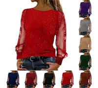 Sparkly Sequin Shirts Top Large Sizes Loose Flowy Sheer Mesh Sleeve Round Neck Sexy Blouse Casual Tunic Tops Women Sequins Women Glitter Holiday Blouse Tops Ladies