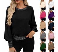 Sparkly Sequin Tops Women Glitter Sequins Trim Crew Neck Blouse Elegant Puff Long Sleeve Loose Fit Glitter Top Shimmer Festival Party Club Blouses Ladies Sequin Tops UK Sparkly Jumpers