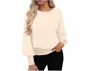 Sparkly Sequin Tops Women Glitter Sequins Trim Crew Neck Blouse Elegant Puff Long Sleeve Loose Fit Glitter Top Shimmer Festival Party Club Blouses Ladies Sequin Tops UK Sparkly Jumpers