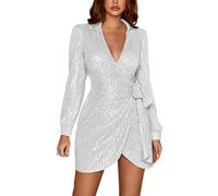 Sparkly Sequin V-Neck Bodycon Wrap Mini Cocktail Party Dresses - Ladies Long Sleeve Elegant Wedding Guest Bridesmaid Dress Sparkly Glitter Evening Club Wrap Formal Dress