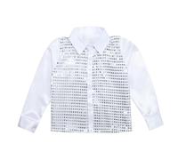 Sparkly Sequins Shirt for Boys Long Sleeve Button Down Top Lapel Satin Jazz Dance Performance Costume Carnival Top for Stage, Dance, Party, Pageant Wear White