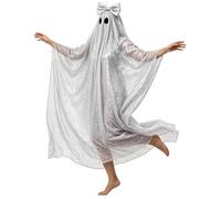 Sparkly Sheer Tulle Ghost Costume Cape Unisex Oversized Ghost Fancy Dress Robe Big Bow Detail Cosplay Outfit for Halloween Themed Nights & Family Holiday Photo Shoots (One Size)