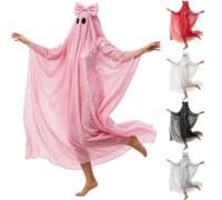 Sparkly Sheer Tulle Ghost Costume Cape Unisex Oversized Ghost Fancy Dress Robe Big Bow Detail Cosplay Outfit for Halloween Themed Nights & Family Holiday Photo Shoots (Red, One Size)
