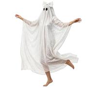 Sparkly Sheer Tulle Ghost Costume Cape Unisex Oversized Ghost Fancy Dress Robe Big Bow Detail Cosplay Outfit for Halloween Themed Nights & Family Holiday Photo Shoots (White, One Size)
