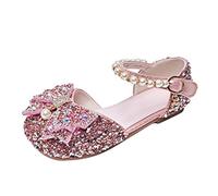 Sparkly Shoes for Kids Crystal Bling Bowknot Princess Dance Mary Jane Strap Sandals Comfortable Low Heels Leather Footwear Toddler Sequin Party Cosplay Dance Shoes Pink