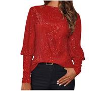 Sparkly Top Going Out Tops 3/4 Long Sleeve T Shirt Crew Neck Shirt Elegant Long Sleeve Tops Sequins Top Rave Festive Vintageon Blouse Sparkly Glitter Dressy Outfit Fully Lined Blouse M A Red