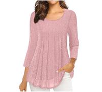 Sparkly Tops for Women Chiffon Glitter Tunic Tops Pleated Front 3/4 Sleeve Blouse Dressy Casual Flowy Double Layered Mesh Shirts Sequin Party Top Shinny Crewneck Blouse Loose Tees