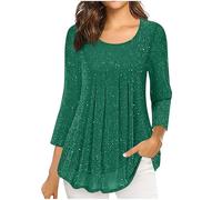 Sparkly Tops for Women Chiffon Glitter Tunic Tops Pleated Front 3/4 Sleeve Blouse Dressy Casual Flowy Double Layered Mesh Shirts Sequin Party Top Shinny Crewneck Blouse Loose Tees