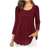 Sparkly Tops for Women Chiffon Glitter Tunic Tops Pleated Front 3/4 Sleeve Blouse Dressy Casual Flowy Double Layered Mesh Shirts Sequin Party Top Shinny Crewneck Blouse Loose Tees