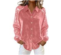 Sparkly Tops for Women UK - 2025 Sequin Shirts Ladies Button Down Going Out V Neck Sparkle Shiny Long Sleeve Blouses Glitter Elegant Tee Tunic Tops Evening Party Cocktail Shirts Pink
