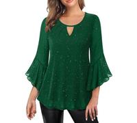 Sparkly Tops for Women UK 3/4 Ruffle Sleeve Glitter Sequin Blouse Skirt V Neck Tunic Shimmer New Year's Eve Outfit Elegant Festive Carnival Blouses Trendy Flowy Wedding Party Mesh Shirt Green