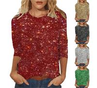 Sparkly Tops For Women Uk 3/4 Sleeve Shirts Trendy Casual T-Shirts Sparkle Sequin Tops Evening Party Clubbing Tshirt Plus Size Glitter Tees Loose Fit Pullover Holiday Shirt Crew Neck Ladies Blouses