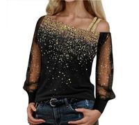 Sparkly Tops for Women UK 80s One Shoulder Long Mesh Sleeve Blouses Glitter Carnival Christmas Evening Party Tops Ladies Off Shoulder Sequins T-Shirt Elegant Casual Festive Blouses (03-Gold, M)