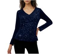 Sparkly Tops for Women UK - Ladies Sequin Tops Going Out V Neck Sparkle Shiny Long Sleeve Blouses Velvet Glitter Shirts Elegant Tee Tunic Top Evening Party Cocktail T-Shirts Navy