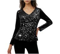 Sparkly Tops for Women UK - Ladies Sequin Tops Going Out V Neck Sparkle Shiny Long Sleeve Blouses Velvet Glitter Shirts Elegant Tee Tunic Top Evening Party Cocktail T-Shirts Black