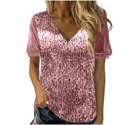 Sparkly Tops for Women UK Sale Clearance V Neck Solid Shimmer Pullover Blouses Ladies Velvet Short Sleeve Sequin Shirt Elegant Glitter T Shirt Festival Party Shiny Tees Top UK Size S-3XL Pink