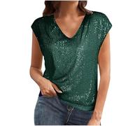 Sparkly Tops for Women UK Sequin Cap Sleeve V Neck Shirts Glitter Plain T Shirt Shining Tunic Pullover Womens Summer Blouses Plus Size Elegant Undershirts Party Club Casual Tee