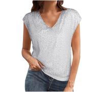 Sparkly Tops for Women UK Sequin Cap Sleeve V Neck Shirts Glitter Plain T Shirt Shining Tunic Pullover Womens Summer Blouses Plus Size Elegant Undershirts Party Club Casual Tee