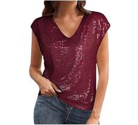 Sparkly Tops for Women UK Sequin Cap Sleeve V Neck Shirts Glitter Plain T Shirt Shining Tunic Pullover Womens Summer Blouses Plus Size Elegant Undershirts Party Club Casual Tee