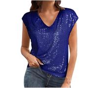 Sparkly Tops for Women UK Sequin Cap Sleeve V Neck Shirts Glitter Plain T Shirt Shining Tunic Pullover Womens Summer Blouses Plus Size Elegant Undershirts Party Club Casual Tee