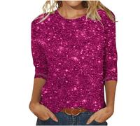 Sparkly Tops for Women UK Sequin Print 3/4 Sleeve Blouse Crewneck Pullover Womens Spring Blouses Plus Size Breathable Undershirt Loose Classic Jumpers Sports Party Club Casual Wear