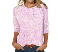Sparkly Tops for Women UK Sequin Print 3/4 Sleeve Blouse Crewneck Pullover Womens Spring Blouses Plus Size Breathable Undershirt Loose Classic Jumpers Sports Party Club Casual Wear