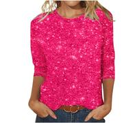 Sparkly Tops for Women UK Sequin Print 3/4 Sleeve Blouse Crewneck Pullover Womens Spring Blouses Plus Size Breathable Undershirt Loose Classic Jumpers Sports Party Club Casual Wear