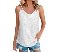 Sparkly Tops for Women UK Sequin Spaghetti Strap V Neck Tank Tops Glitter Plain Cami Shirt Shinning Vest Sexy Sleevelss T Shirt Loose Womens Summer Camisole Party Club Wear