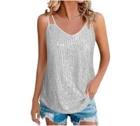Sparkly Tops for Women UK Sequin Spaghetti Strap V Neck Tank Tops Glitter Plain Cami Shirt Shinning Vest Sexy Sleevelss T Shirt Loose Womens Summer Camisole Party Club Wear