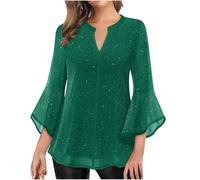 Sparkly Tops for Women UK Sheer Mesh Flared Sleeve Blouse V Neck Swing Blouse Sequin Decor Plain T Shirt Glitter Tunic Shirt Loose Elegant Pullover Beach Holiday Party Casual Tee