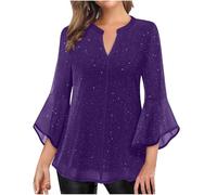 Sparkly Tops for Women UK Sheer Mesh Flared Sleeve Blouse V Neck Swing Blouse Sequin Decor Plain T Shirt Glitter Tunic Shirt Loose Elegant Pullover Beach Holiday Party Casual Tee