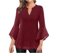 Sparkly Tops for Women UK Sheer Mesh Flared Sleeve Blouse V Neck Swing Blouse Sequin Decor Plain T Shirt Glitter Tunic Shirt Loose Elegant Pullover Beach Holiday Party Casual Tee