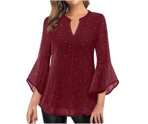 Sparkly Tops for Women UK Sheer Mesh Flared Sleeve Blouse V Neck Swing Blouse Sequin Decor Plain T Shirt Glitter Tunic Shirt Loose Elegant Pullover Beach Holiday Party Casual Tee
