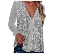 Sparkly Tops for Women UK,Shimmer Glitter Sequin Tops Womens Blouses Ruffle Long Sleeve Mesh Ladies Tops Chiffon V Neck Tunic Tops Loose Flowy Shirts Sparkly Sequin Basic T-Shirt for Party Silver