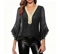 Sparkly Tops for Women UK Sparkly Tops for Women UK 3/4 Sleeve Chiffon Glitter Sequin Shirts V-Neck Xmas Elegant Festival Party Blouses Ladies Christmas Mesh Going Out Shirt Black XXL