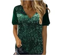 Sparkly Tops for Women UK V Neck Solid Shimmer Pullover Blouses Ladies Velvet Short Sleeve Sequin Shirt Elegant Glitter T Shirt Festival Party Shiny Tees Top UK Size S-3XL Green