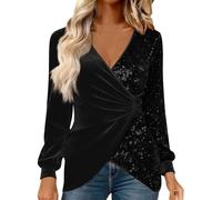 Sparkly Tops for Women UK Velvet Wrap V Neck Blouses Ruched Sequin Patchwork Shirts Elegant Dressy Blouse Long Sleeve Glitter Tshirts Holiday Shiny Evening Party Going Out Tops Black