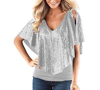 Sparkly Tops For Women Uk Women's Solid Color V Neck Strapless Shawl Sleeve Off Shoulder Short Sleeve Sequin T Shirt Glitter Sequin Blouse Shiny Metallic Dance Crop Top Going Out Rave Outfits Clubwear