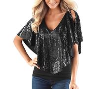 Sparkly Tops For Women Uk Women's Solid Color V Neck Strapless Shawl Sleeve Off Shoulder Short Sleeve Sequin T Shirt Glitter Sequin Blouse Shiny Metallic Dance Crop Top Going Out Rave Outfits Clubwear