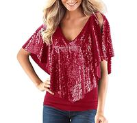Sparkly Tops For Women Uk Women's Solid Color V Neck Strapless Shawl Sleeve Off Shoulder Short Sleeve Sequin T Shirt Glitter Sequin Blouse Shiny Metallic Dance Crop Top Going Out Rave Outfits Clubwear