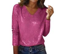 Sparkly Tops for Women V Neck Long Sleeve Top Ladies Sequin Tunic Tops Party Glitter Blouses Loose Fit Ladies Shirt Holiday Fashion T-Shirts Tees for Christmas Evening Party Club Night Hot Pink