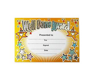 Sparkly ‘Well Done Award’ Certificates - Pack of 20 A5 Personalised Pupil Awards - Rainbow Certificates for Teachers, Schools, Parents & Positive Behaviour Recognition - By SuperStickers