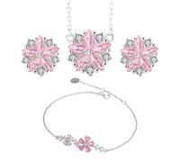 SPARKLYGIFTS S925 Sterling Silver Jewellery Set, Personalised Gift Custome Message Pink Flower Necklace, Bracelet and Earrings Wedding Anniversary Women’s Jewellery Sets Silver 3Pcs Tri Set
