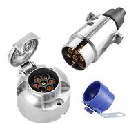 SPARKMOTO 7 Pin Trailer Metal Plug Socket, 12V 7 Pin Metal Trailer Plug Socket Aluminium 7Pin Trailer Male Plug Female Socket With Blue Trailer Plug Holder 7pole Towing TowBar Plug socket(Rubber Cap)