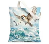 Sparrow Bird Canvas Tote Bag for Shopping 13 * 15, Cool Sea Ocean Waves Scenery Reusable Grocery Bag for Women, Animal Work Travel Painting Gift Decor