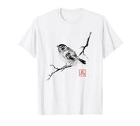Sparrow Bird on Tree Branch Japanese Ink Painting T-Shirt