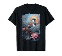 Sparrow Bird Surrounded by Floral Petals Feathers Exotic T-Shirt