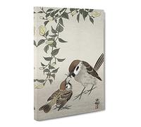 Sparrow Birds & Plants By Ohara Koson Canvas Print | Gallery Wrapped 30mm Frame Wall Art | 20x14 inches | Ready to Hang | Asian Animals Picture | Living Room Bedroom Lounge Office