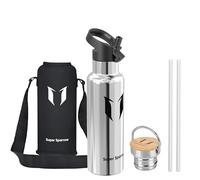 Super Sparrow Water Bottle Stainless Steel - 620ml - Insulated Metal Water Bottles - Standard Mouth Flask - BPA Free - Straw Bottle for Work, Gym, Sports - 2 Lids